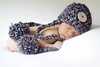 Newborn Button Pom Hat Blue Brown - Beautiful Photo Props
