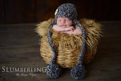 Newborn Button Pom Hat Blue Brown - Beautiful Photo Props
