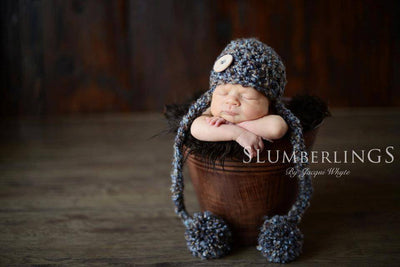 Newborn Button Pom Hat Blue Brown - Beautiful Photo Props