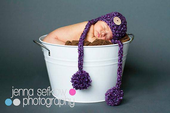 Purple Button Newborn Pom Hat - Beautiful Photo Props