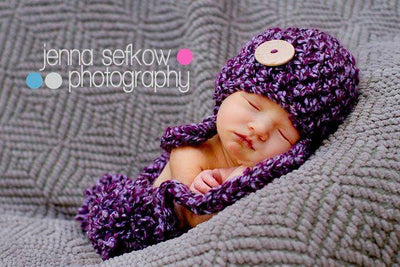 Purple Button Newborn Pom Hat - Beautiful Photo Props