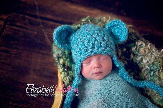 Blue Earflap Teddy Newborn Hat - Beautiful Photo Props