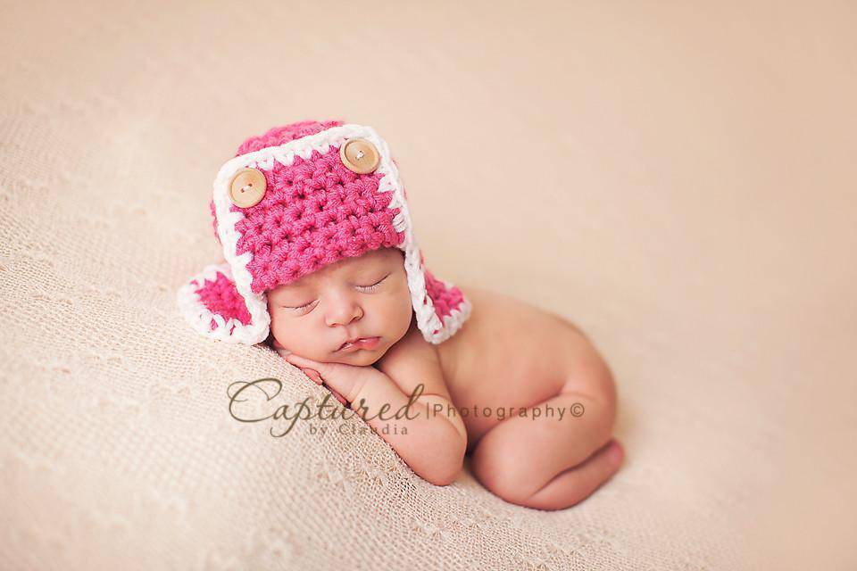 Amelia Aviator Newborn Hat Hot Pink White - Beautiful Photo Props