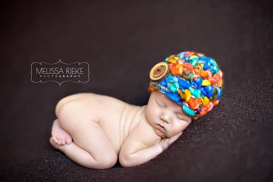 Newborn Merino Button Hat Aqua Blue Orange Brown - Beautiful Photo Props