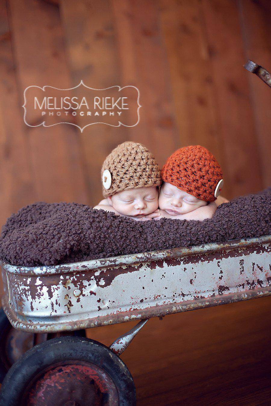 Twin Baby Button Beanie Hats Orange Beige - Beautiful Photo Props