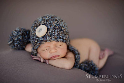 Big Button Newborn Pom Pom Hat Brown Blue - Beautiful Photo Props
