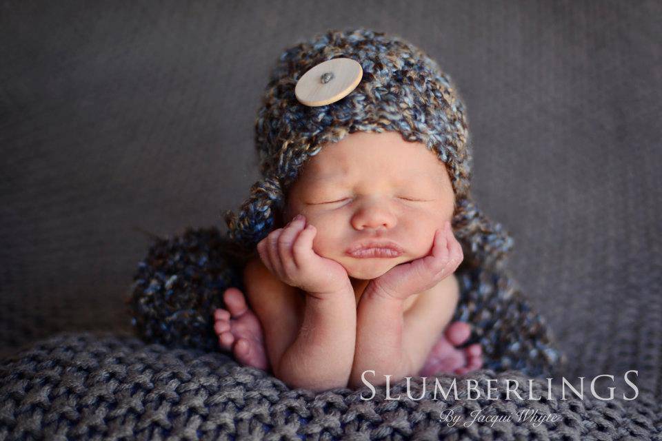 Big Button Newborn Pom Pom Hat Brown Blue - Beautiful Photo Props