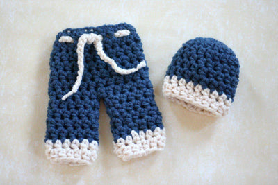 Newborn Pants and Hat Set Denim Blue White - Beautiful Photo Props
