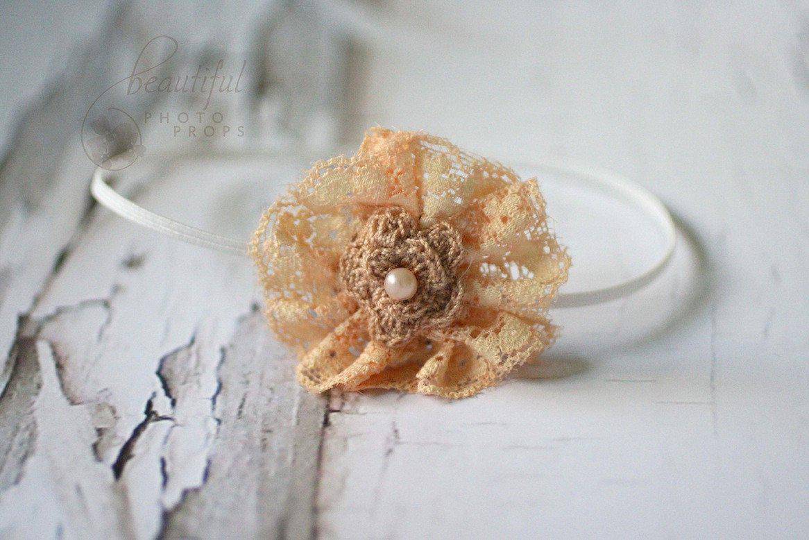 Peach and Beige Lace Headband - Beautiful Photo Props