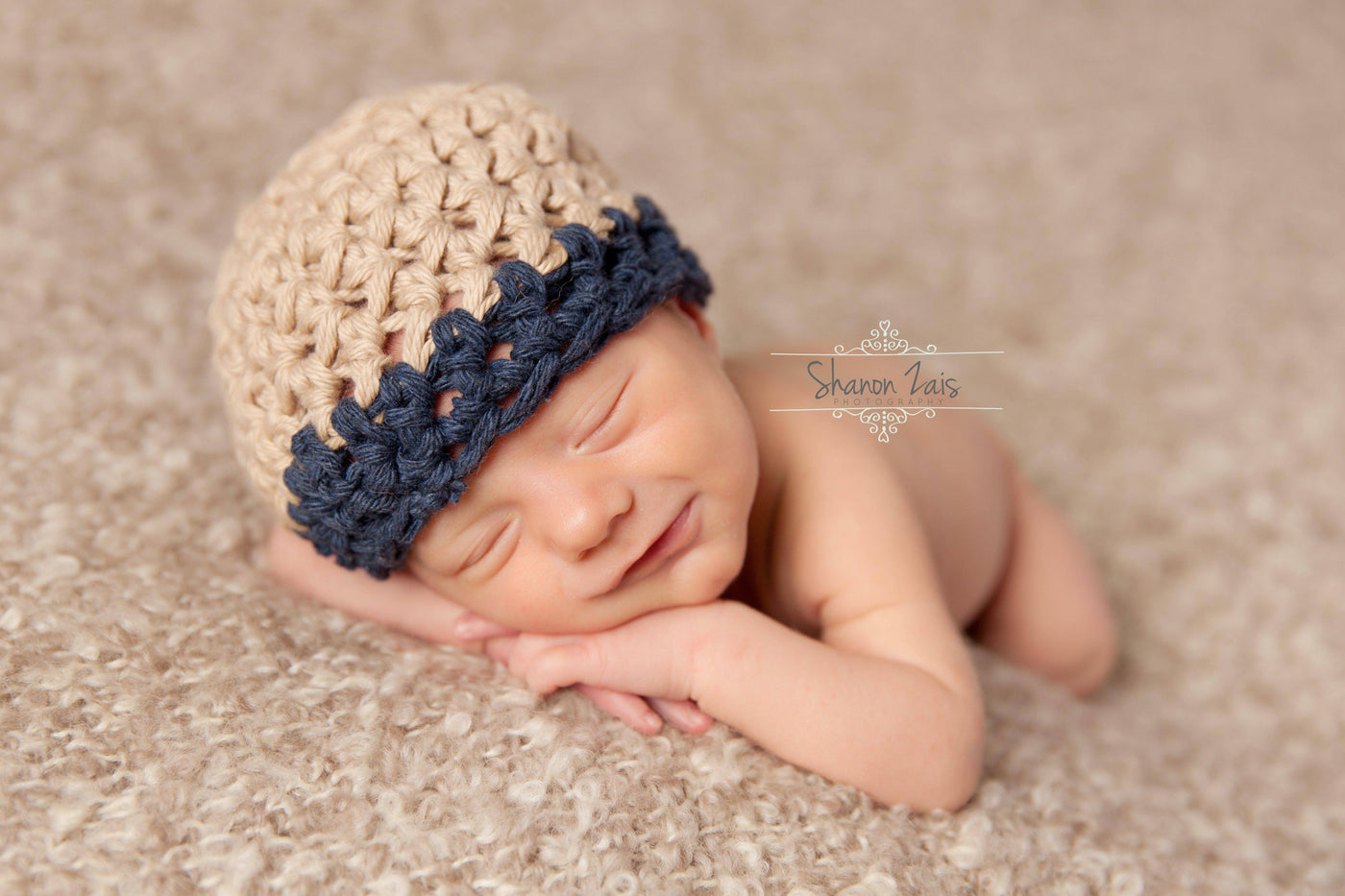 Cotton Beanie Hat in Beige Blue - Beautiful Photo Props