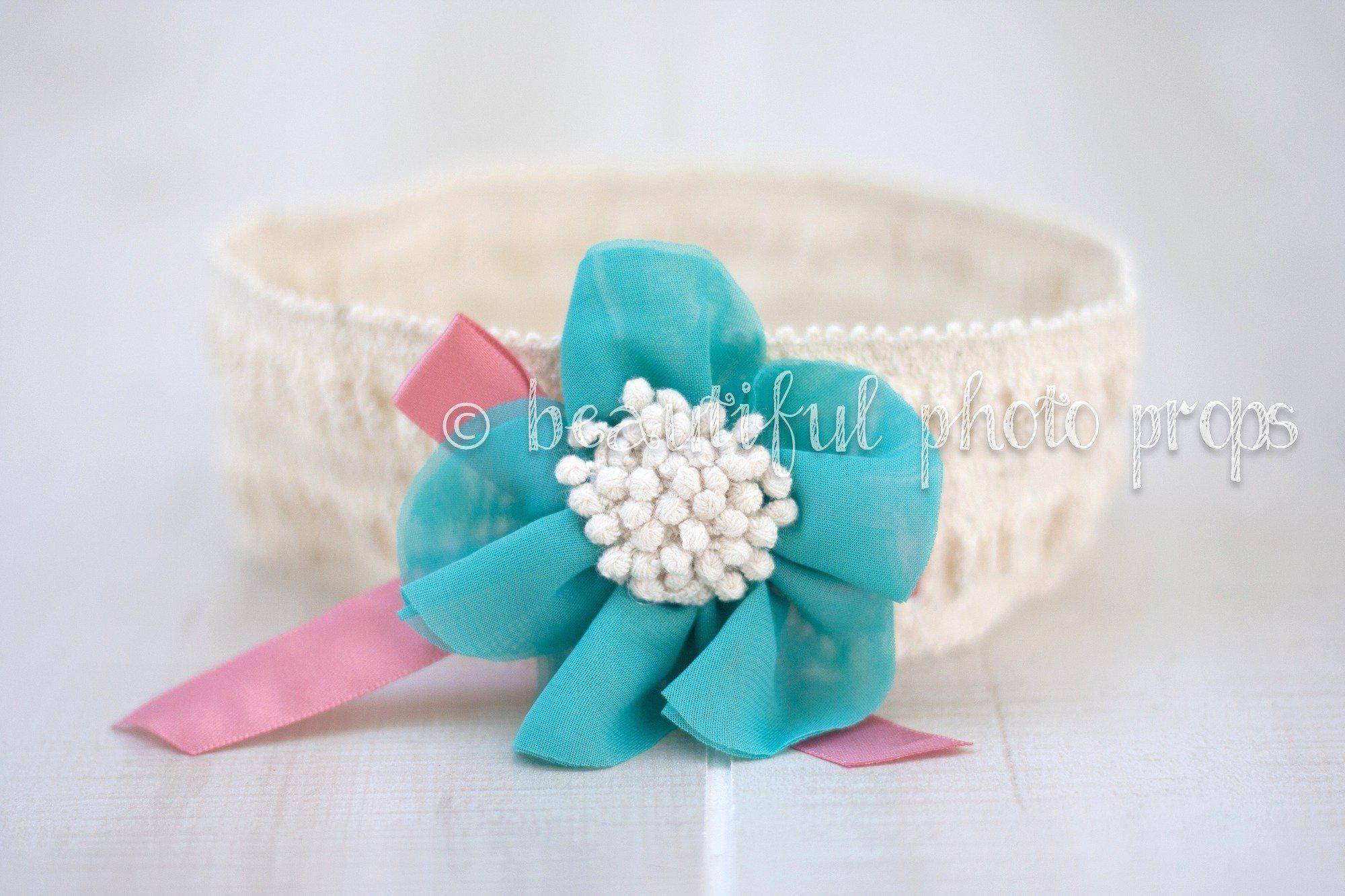 Crochet Lace Flower Headband Aqua Beige Beautiful Photo Props