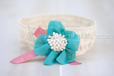 Crochet Lace Flower Headband Aqua Beige - Beautiful Photo Props