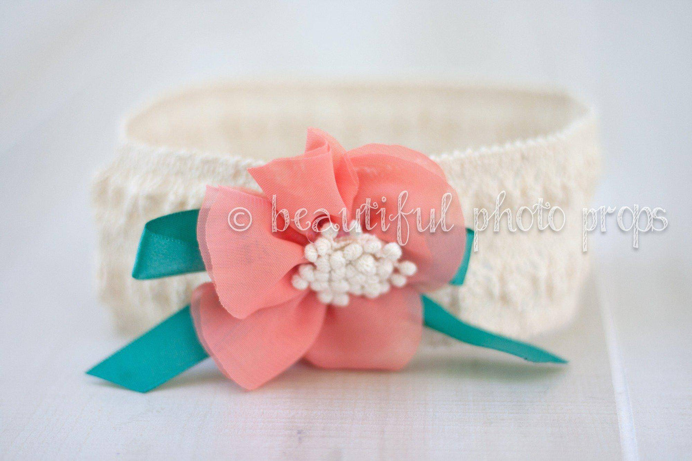 Crochet Lace Flower Headband Coral Beige - Beautiful Photo Props