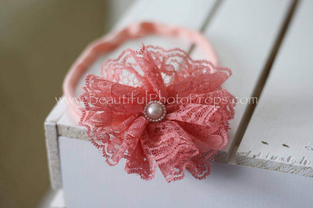 Vintage Lace Flower Headband Peach - Beautiful Photo Props