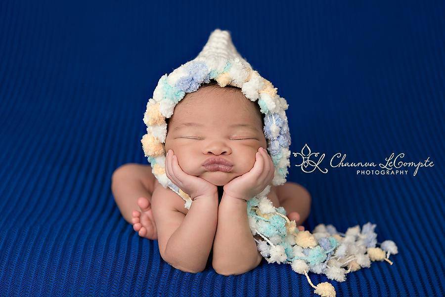 White Blue Yellow Bonnet Hat Newborn Pom Pom Hat - Beautiful Photo Props