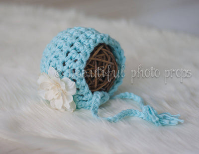 Blossom Newborn Bonnet Hat in Baby Blue - Beautiful Photo Props