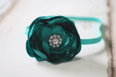 Teal Fabric Flower Gemstone Headband - Beautiful Photo Props