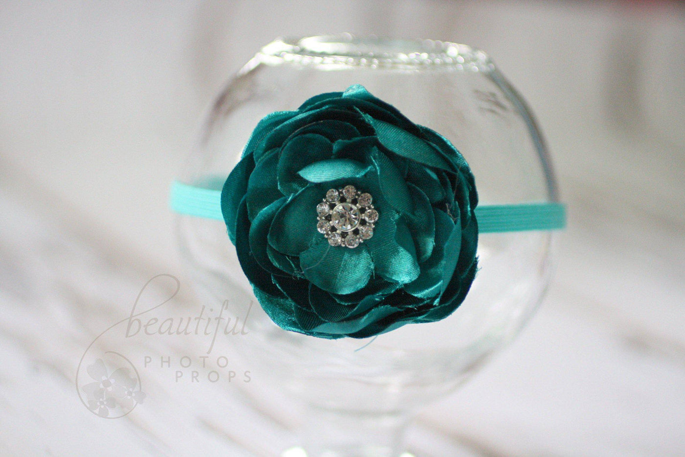 Teal Fabric Flower Gemstone Headband - Beautiful Photo Props