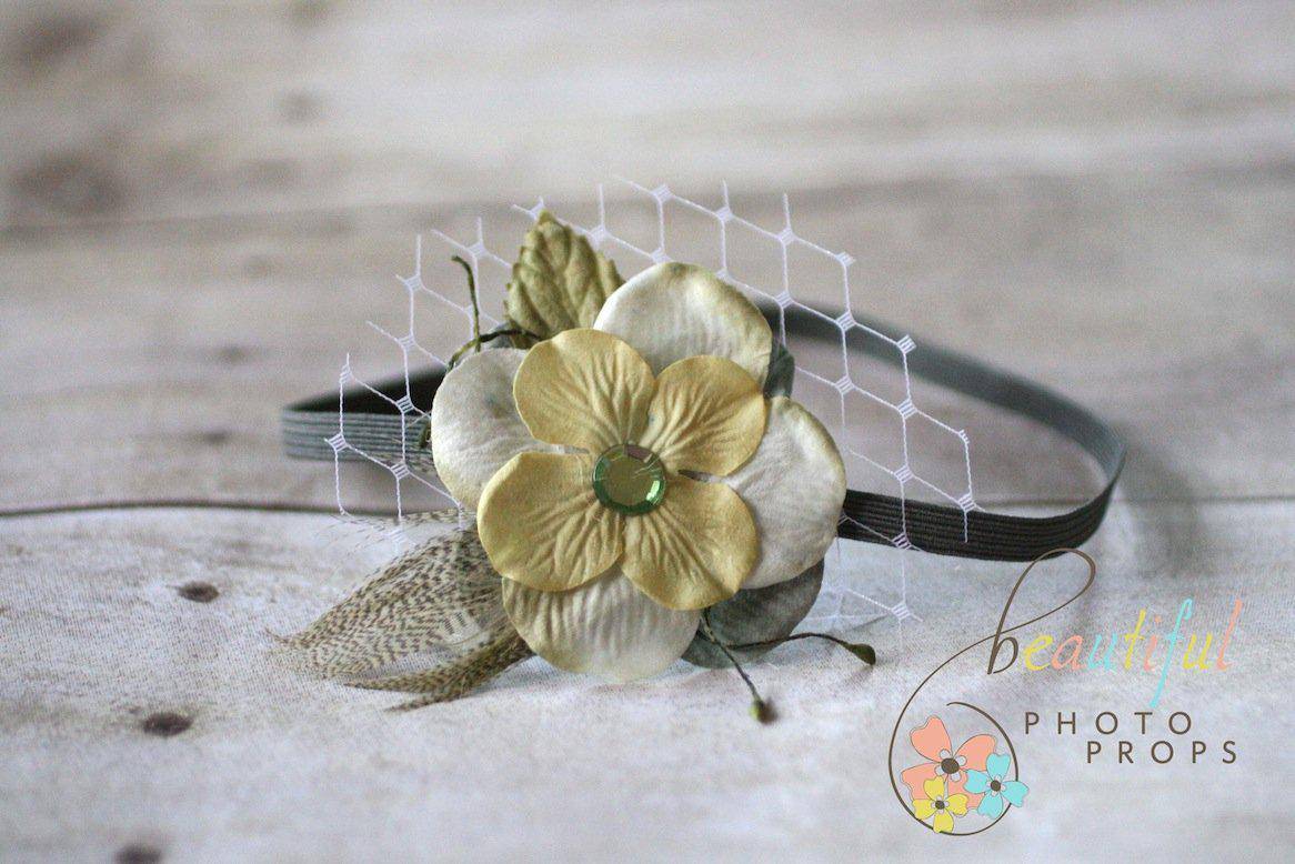 Olive Green Feather Veiled Flower Headband - Beautiful Photo Props