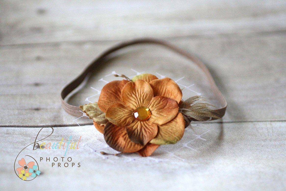 Caramel Brown Feather Veiled Flower Headband - Beautiful Photo Props