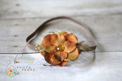 Caramel Brown Feather Veiled Flower Headband - Beautiful Photo Props