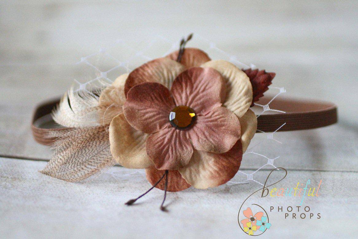 Mocha Brown Feather Veiled Flower Headband - Beautiful Photo Props