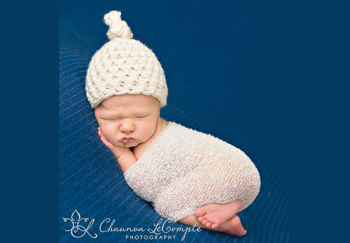 SET Cream Newborn Knot Hat and Off White Stretch Knit Wrap - Beautiful Photo Props