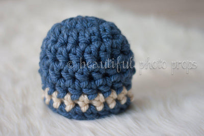 Denim Blue Tan Newborn Striped Hat - Beautiful Photo Props