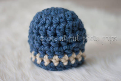 SET Denim Blue Tan Striped Hat and Stretch Knit Wrap - Beautiful Photo Props