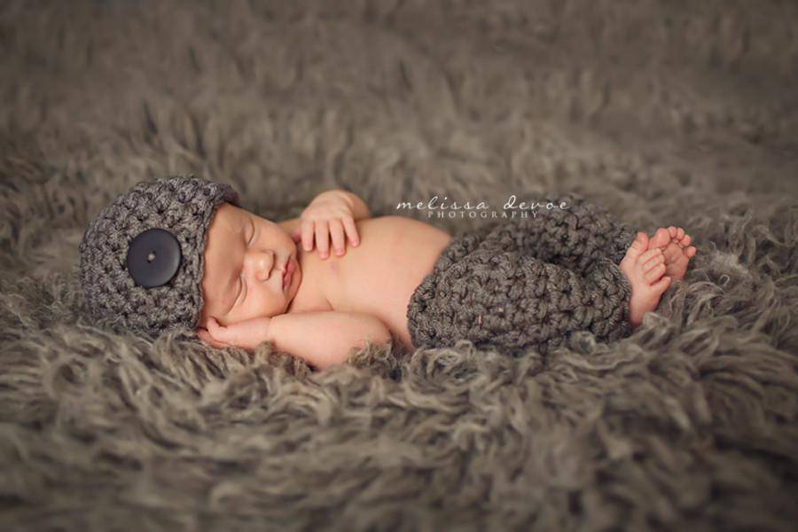 SET Gray Newborn Button Hat and Pants - Beautiful Photo Props