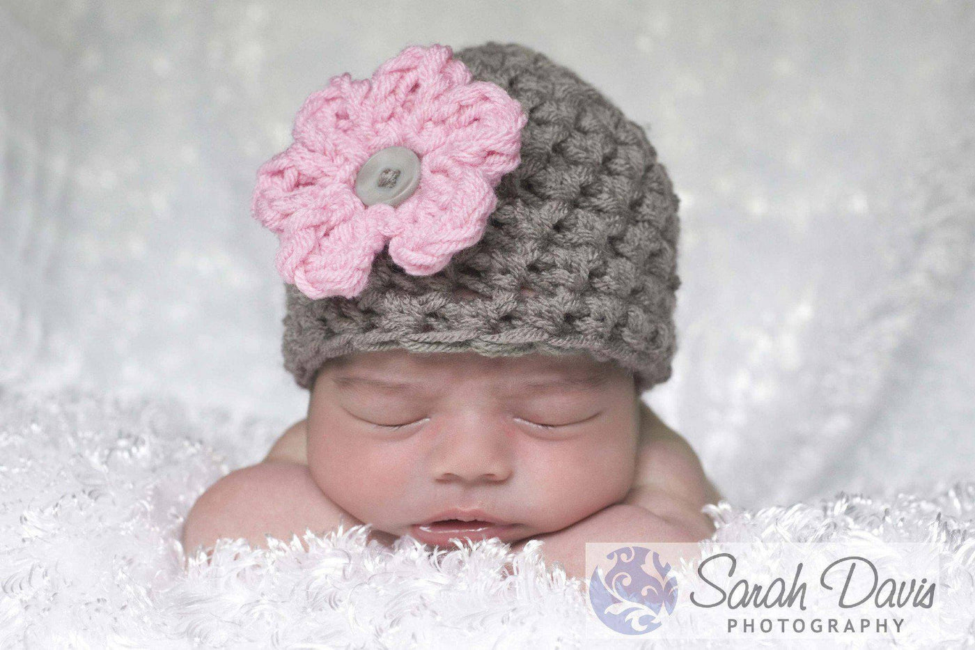 Grey Newborn Baby Hat Soft Pink Flower - Beautiful Photo Props