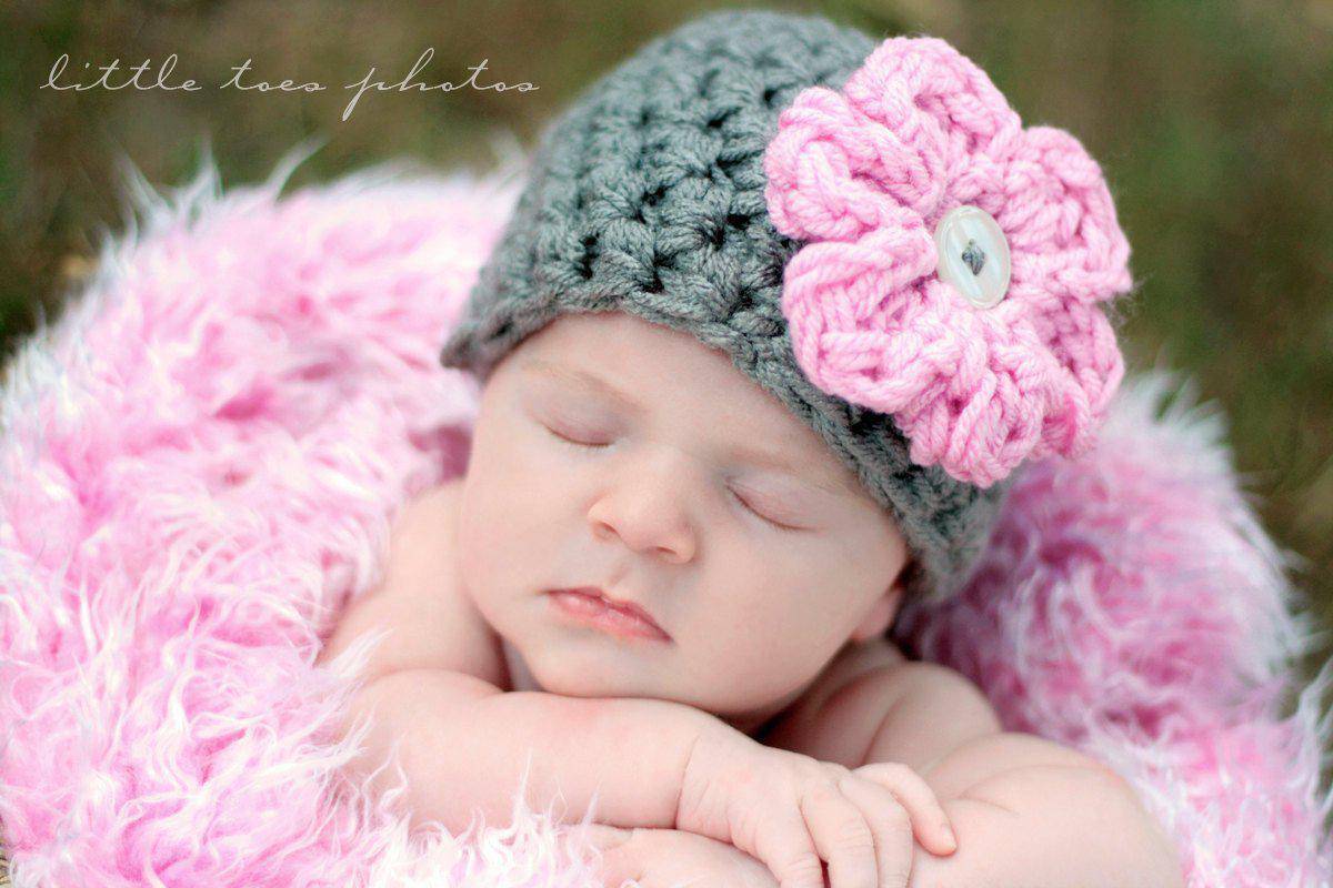 Grey Newborn Baby Hat Soft Pink Flower - Beautiful Photo Props