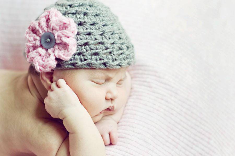 Grey Newborn Baby Hat Soft Pink Flower - Beautiful Photo Props