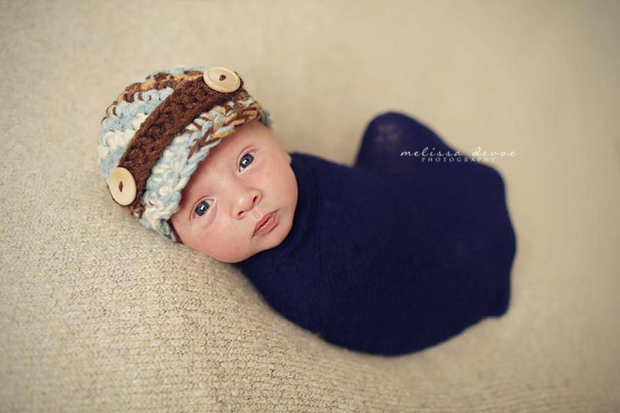 SET Blue Brown Newborn Newsboy Hat and Stretch Knit Wrap - Beautiful Photo Props