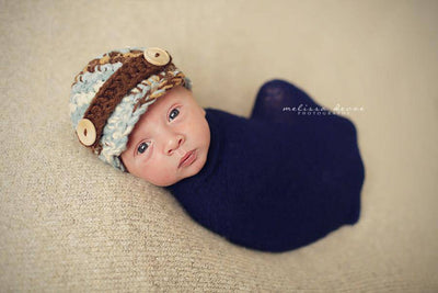 SET Blue Brown Newborn Newsboy Hat and Stretch Knit Wrap - Beautiful Photo Props
