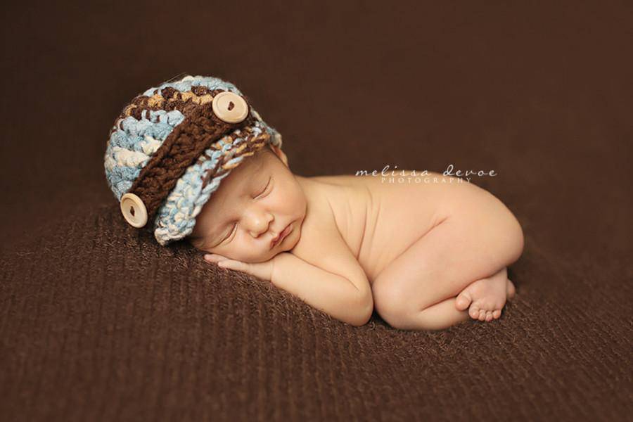 SET Blue Brown Newborn Newsboy Hat and Stretch Knit Wrap - Beautiful Photo Props