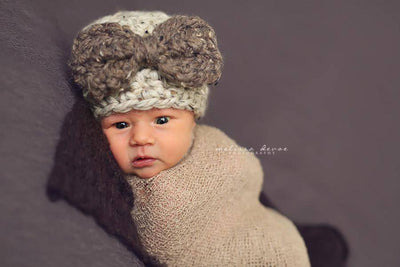 SET Oatmeal Barley Bow Hat and Natural Tan Stretch Knit Wrap - Beautiful Photo Props