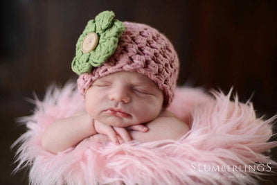 SET Pink Cotton Baby Flower Hat and Mongolian Faux Fur - Beautiful Photo Props