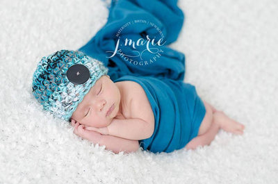 Newborn Button Hat Aqua Blue Black Gray White - Beautiful Photo Props