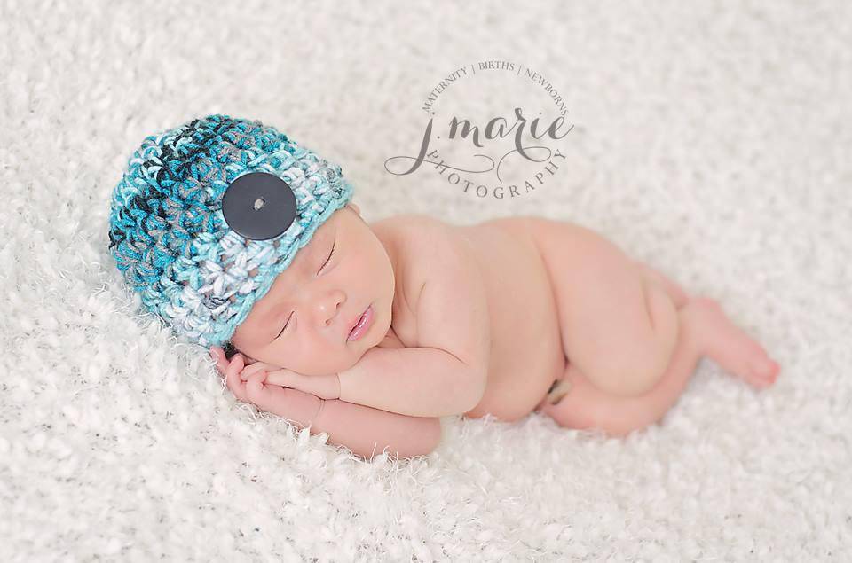Newborn Button Hat Aqua Blue Black Gray White - Beautiful Photo Props