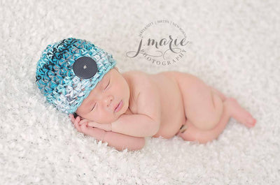 Newborn Button Hat Aqua Blue Black Gray White - Beautiful Photo Props