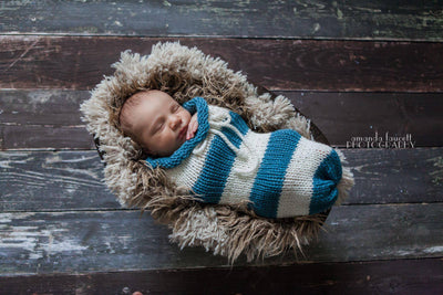 Dusty Blue Cream Newborn Knit Swaddle Sack - Beautiful Photo Props