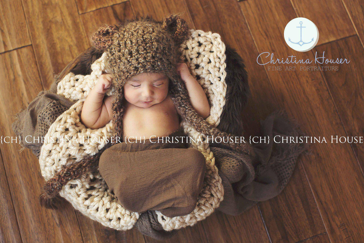 SET Bear Hat, Brown Faux Fur, Cream Blanket, Brown Cheesecloth Wrap - Beautiful Photo Props