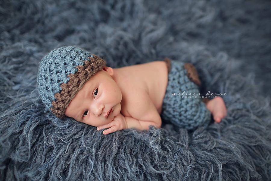 SET Denim Blue and Brown Newborn Hat and Pants - Beautiful Photo Props