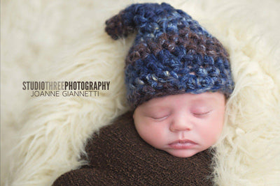 SET Blue Jean Newborn Gnome Hat and Stretch Knit Wrap - Beautiful Photo Props