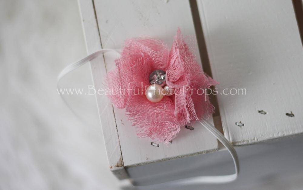 Pink Lace Pearl Rhinestone Flower Headband - Beautiful Photo Props