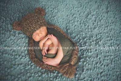 SET Brown Teddy Bear Hat and Olive Stretch Knit Wrap - Beautiful Photo Props