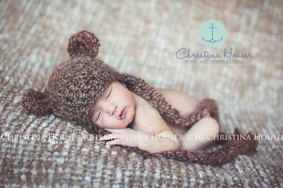 SET Brown Teddy Bear Hat and Olive Stretch Knit Wrap - Beautiful Photo Props