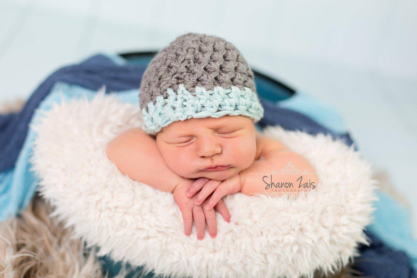 SET Gray Newborn Baby Hat Glacier Blue Edge and Stretch Knit Wraps - Beautiful Photo Props