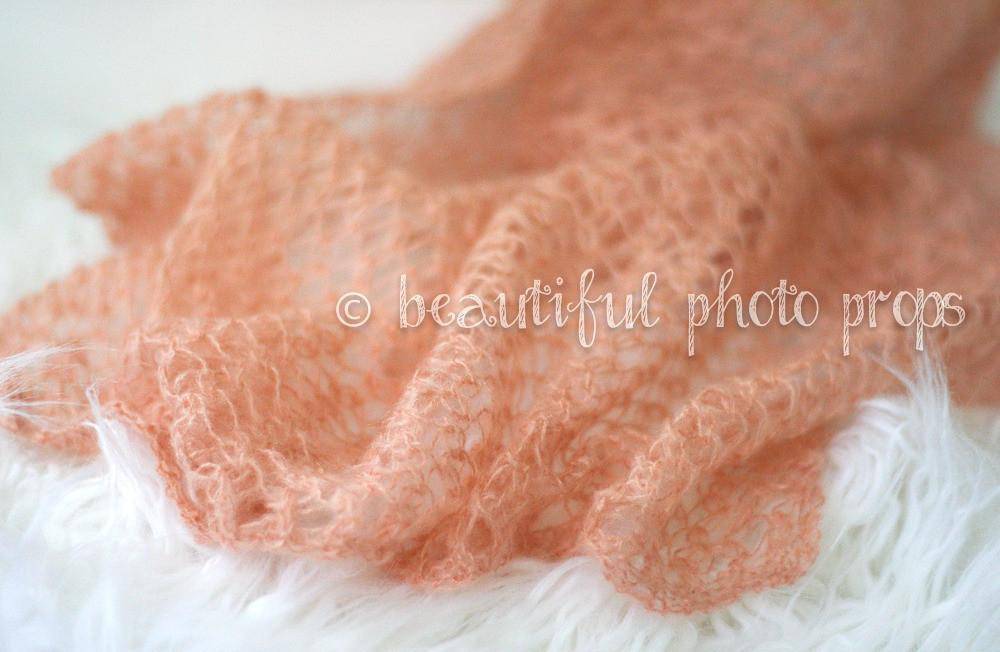 Coral Pink Peach Mohair Knit Wrap - Beautiful Photo Props